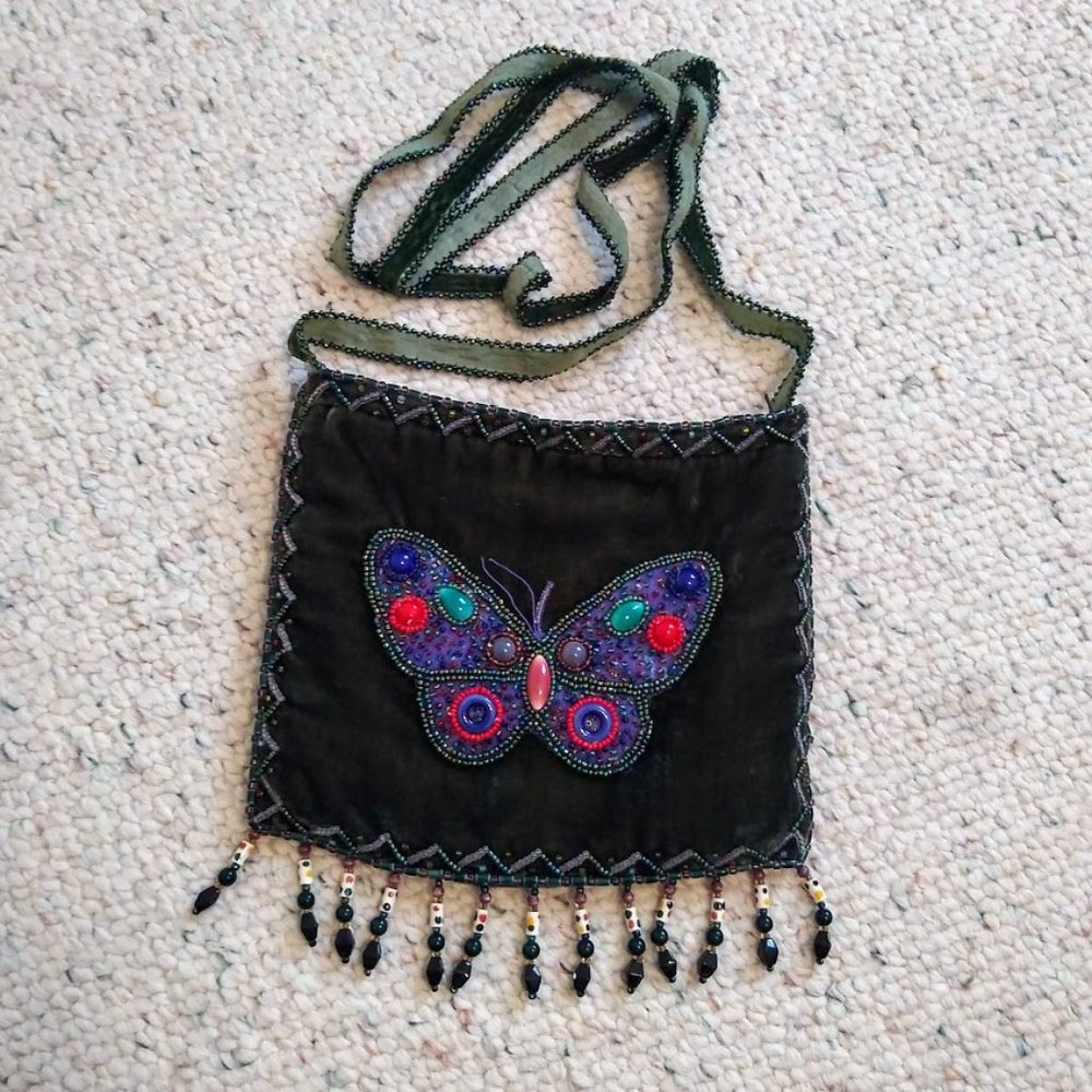 Green Velvet Cross-Body Bag with Beaded Butterfly